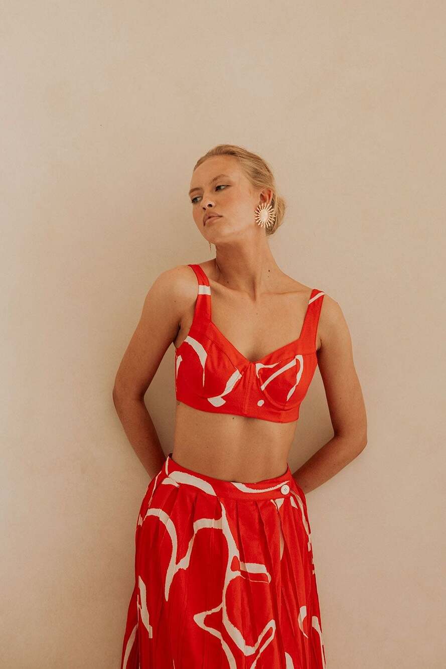Sabo Skirt Dien Top in Evoke Red, Cropped Bustier Style